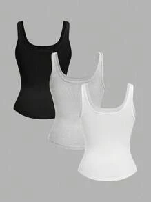 Slaydiva 多件装基本款吊带背心，女式窄罗纹 U 领 G 字形工字背心，黑色、白色和灰色，休闲 - 彩色 - 查看 2