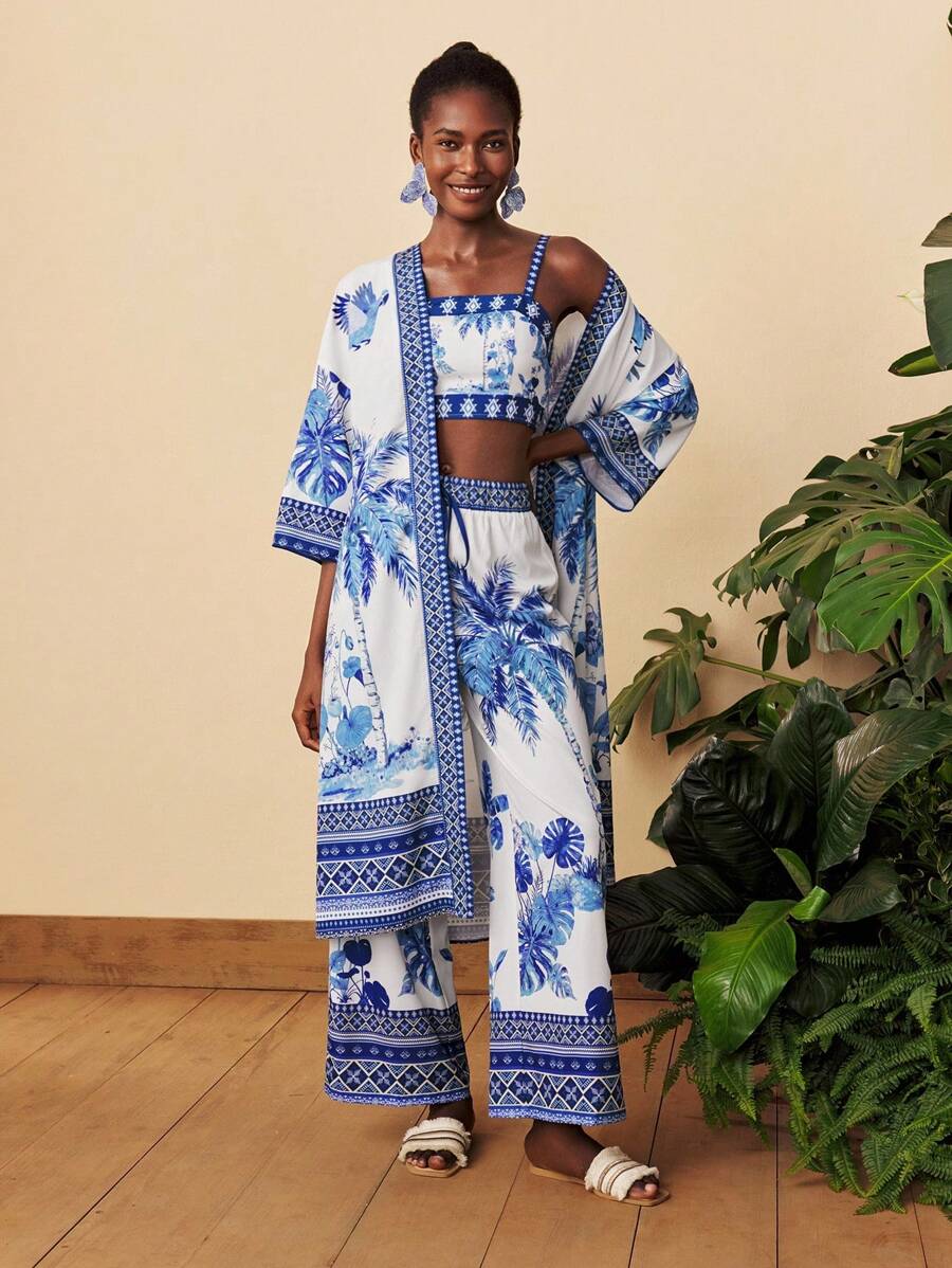 Travachic Woven Printed Cropped Tank Top & Loose Long Shacket & High Waist Wide Leg Pants - Blue and White - View 1