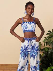 Travachic Woven Printed Cropped Tank Top & Loose Long Shacket & High Waist Wide Leg Pants - Blue and White - View 5