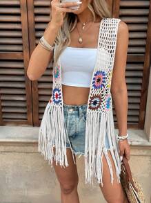 女士海滩度假优雅钩针花卉拼布流苏和服泳衣（花卉颜色随机） - 白色 - 查看 1