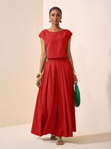 Zivah 2025 New Summer Leisure Vacation Elegant Daily Dating Beach Wear Birthday Party Round Neck Raglan Sleeves Short Sleeves Cut T-Shirt + Pleated Skirt Long Skirt Green Wave Stripe Woven Ladies Two Pieces Suit Red Crop Top And Skirt Set Red Summer Outfit Women