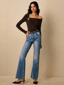 Poéselle Women's Solid Color Asymmetric Neckline Slim Fit Elegant Long Sleeve T-Shirt,Going Out Tops Women,Cute Shirts,Embroidered Top,Old Money,Elegant  Women,Vintage,Summer/Fall - Brown - View 4