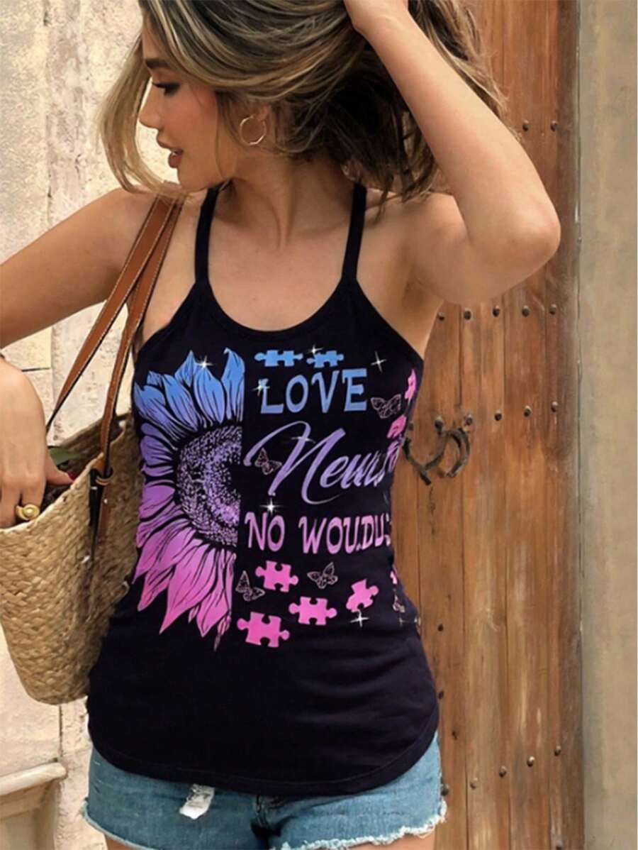 INAWLY 度假休闲花卉图案无袖露背上衣 - 黑色 - 查看 1