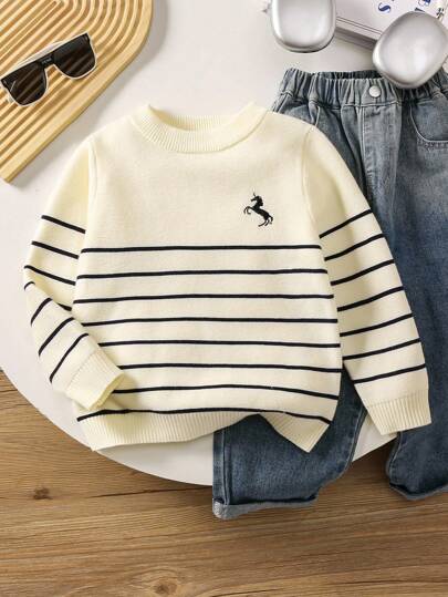 SHEIN Playful Pals Jersey de punto con cuello redondo y bordado de poni, de moda y minimalista