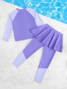 年轻女孩撞色插肩袖拉链前开式比基尼上衣和裤子休闲泳装套装
