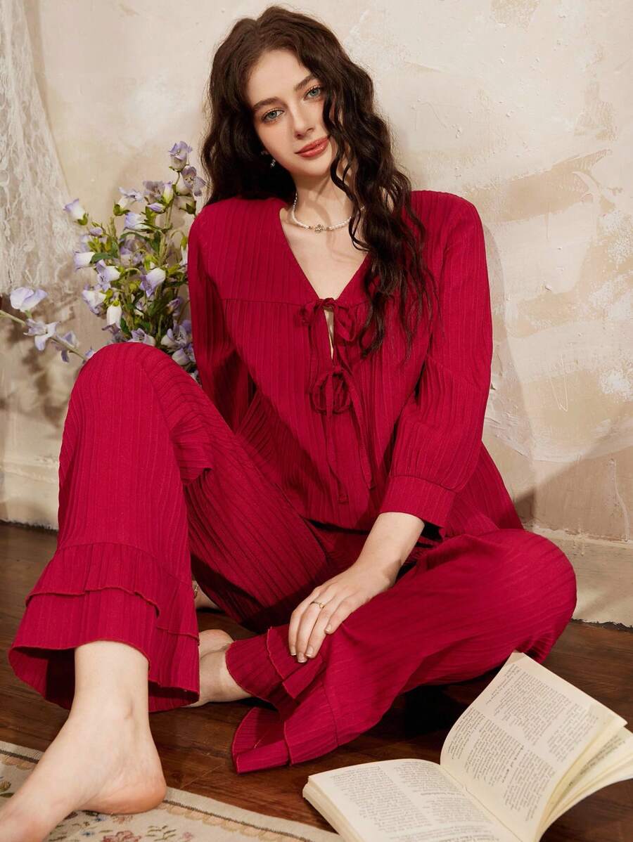 法国南部优雅领带蝴蝶结宽松休闲女士家居服套装，圣诞节 - 酒紅色 - 查看 1