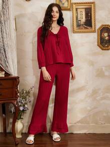 法国南部优雅领带蝴蝶结宽松休闲女士家居服套装，圣诞节 - 酒紅色 - 查看 4