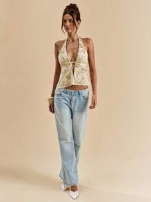 SHEIN BAE Débardeur à fines bretelles pour femmes en jacquard pailleté bleu, top de plage, débardeur perlé à fleurs, débardeur dos nu, top d'été - Nude - Voir 4