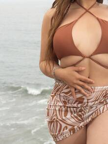 Lupita Cardoza 大理石印花比基尼套装交叉无线胸罩上衣和比基尼下装和抽绳沙滩罩裙 3 件比基尼，夏季海滩泳衣 - 棕色 - 查看 3