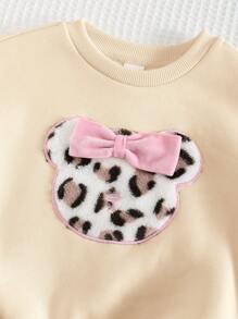 Cozy Pixies 女婴蝴蝶结豹纹熊头图案圆领长袖套头卫衣，休闲运动外套，百搭女婴卫衣，豹纹女婴卫衣，女婴动物印花卫衣，女婴豹纹卫衣，女婴动物印花卫衣，女婴动物印花卫衣，女婴豹纹卫衣，女婴豹纹女童服装，豹纹女婴，秋冬季 - 杏色 - 查看 7