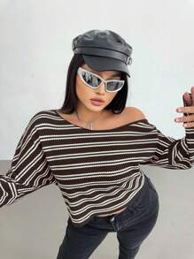 Vibekara 加大码女式华夫格条纹斜肩 T 恤，百搭休闲图案 T 恤上衣，适合春季 - 咖啡棕 - 查看 7