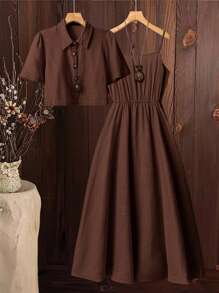 Ellevyn 女士新款时尚优雅两件套夏季舒适亚麻短袖衬衫和细肩带吊带裙休闲装 - 咖啡棕 - 查看 13