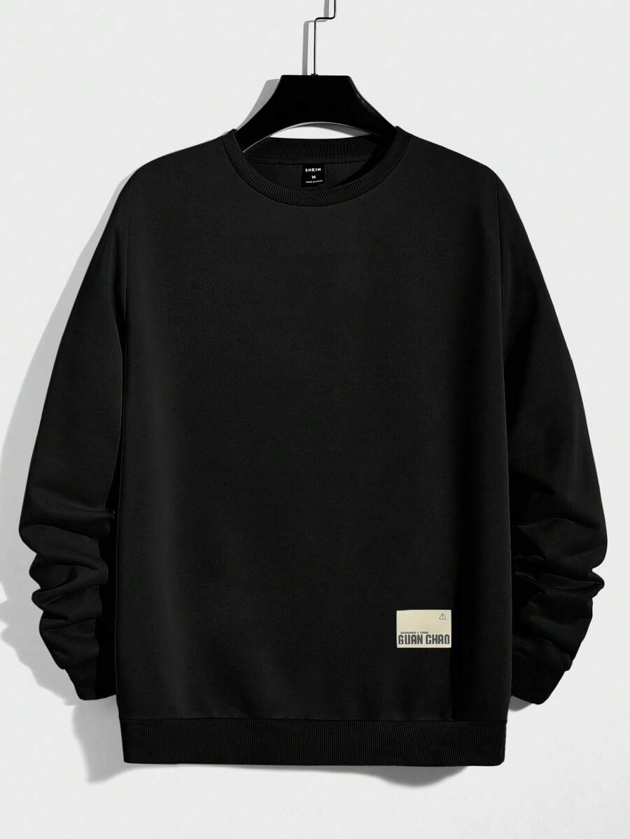 RueChic 100%Cotton Men Letter Patched Sweatshirt - Black - View 1