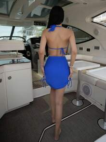 Carolina Barros Frauen Einfarbiges Halfter Gurt Sexy Bikini-Set, Cover-Up Rock, 3 Stücke - Königsblau - Übersicht 2