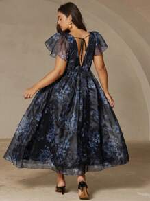 Aveloria 蓝色夏季优雅女士长裙，随机精致法式甜心领口欧根纱渐变色花卉印花透明泡泡袖 A 字型束腰加大码 - 彩色 - 查看 2