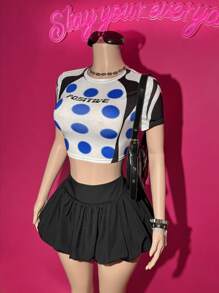 Slaydiva Summer New Casual Street Daily Dating Music Festival Easter College Style Round Neck Short Sleeve Blue Polka Dot Black Splicing Print White T-Shirt + Black Flower Bud Skirt Mini Skirt Mini Skirt Women's Two Pieces Set-A - Multicolor - View 8