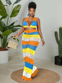 Maweii Plus Size Women 2pcs Set Rainbow Striped Halter Top And Loose Pants Knitted Suit - Orange - View 1