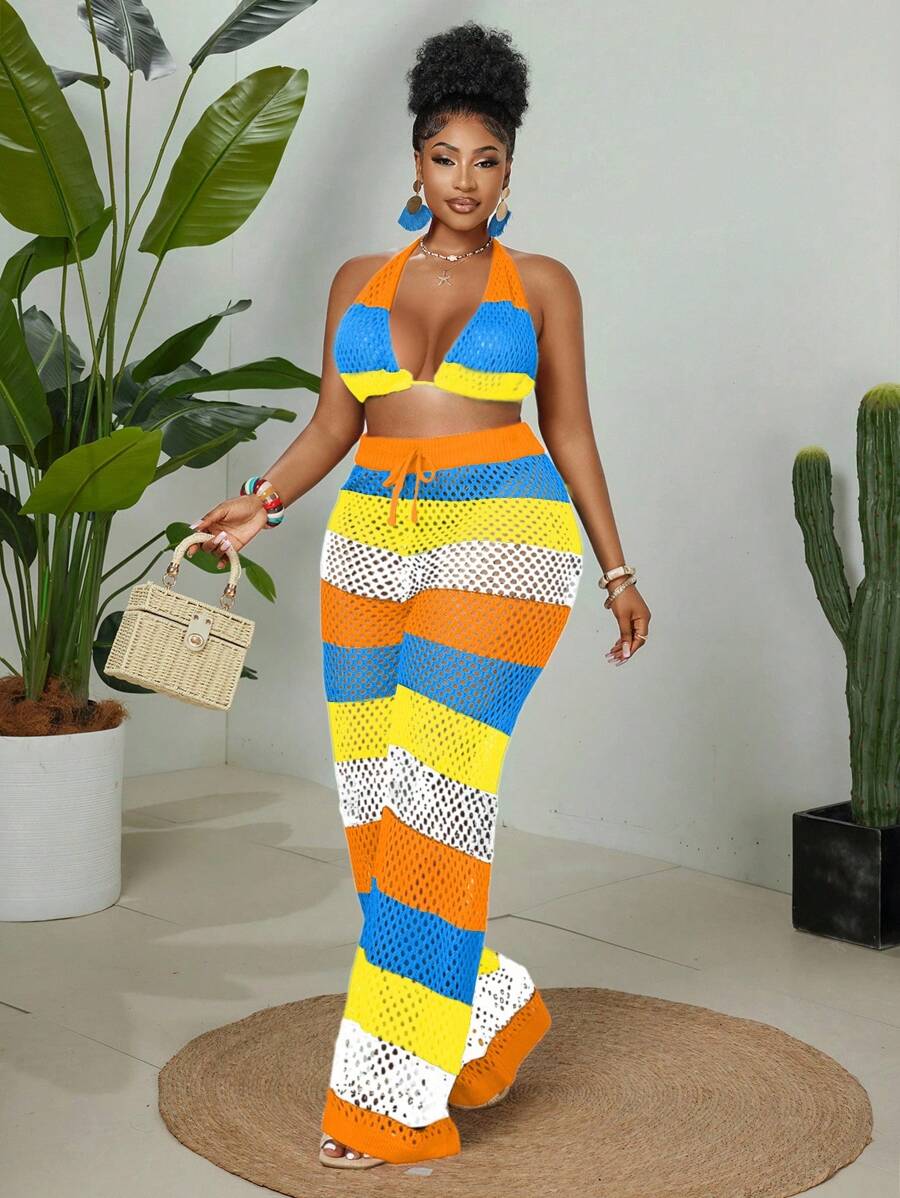 Maweii Plus Size Women 2pcs Set Rainbow Striped Halter Top And Loose Pants Knitted Suit - Orange - View 1