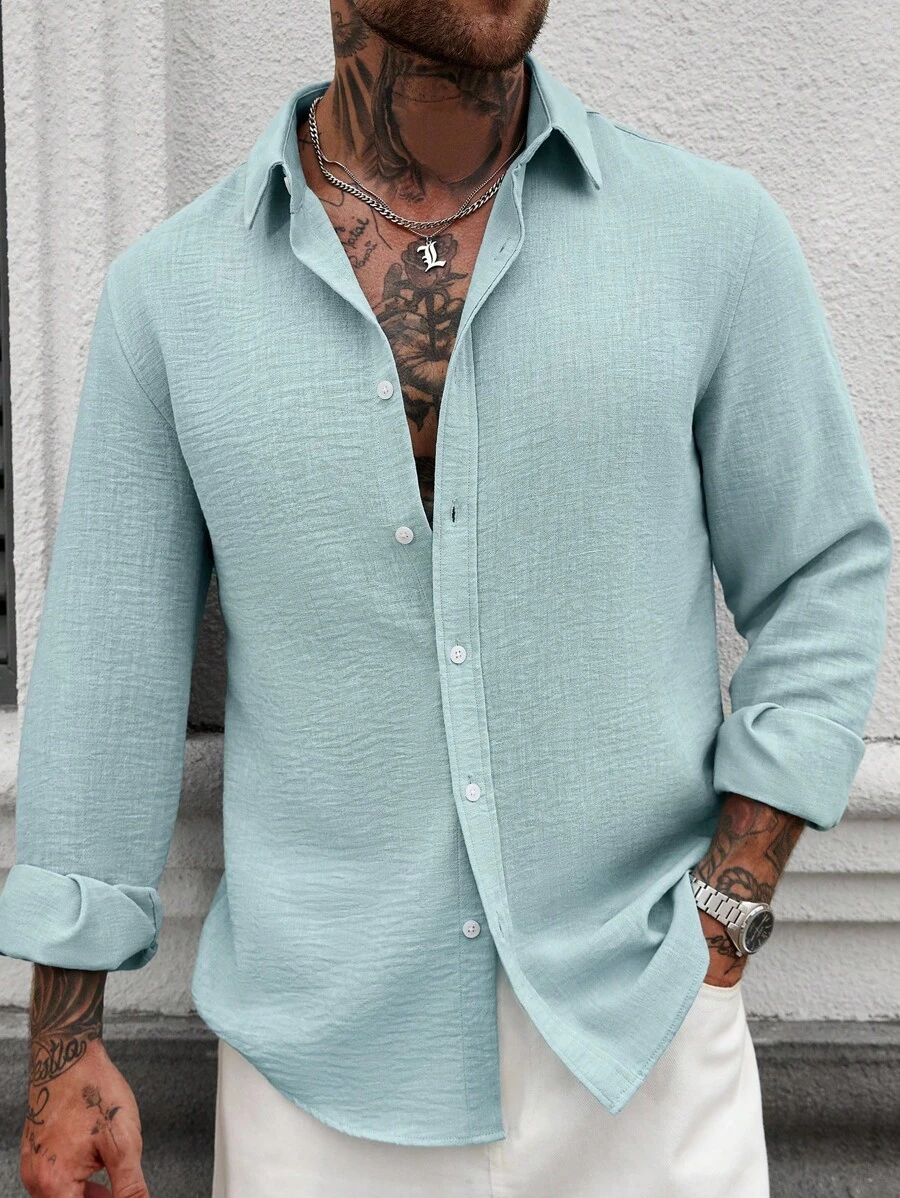Manfinity Homme Áo sơ mi vải lanh dài tay đơn giản, cài nút phía trước, màu trơn, dành cho mùa thu - Màu xanh Bạc hà - Xem 1