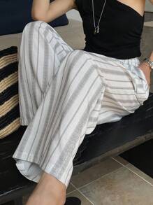 DAZY 串珠抽绳条纹阔腿裤，高腰休闲直筒裤，修身 - 米色 - 查看 3