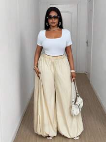 Maweii Women Plus Size Solid Color Elastic Waist Wide Leg Loose Harem Pants - Apricot - View 7