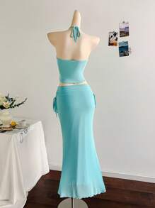 Soleia New Vacation Western Beach Wedding Guest Attire, Graduation Brunch, St. Patrick's Day, Spring Break, Easter, Music Festival, Elegant Bohemian Tropical Strapless Sleeveless Blue Mesh Ruffle Hem Two Pieces Set Aqua Blue Dress Baby Blue Formal Dress Cruise Dinner Dress Goddess Dress Birthday Dinner Dress - Blue - View 2