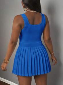 Slaydiva ملابس علوية كاجوال أساسية بياقة على شكل حرف U بلا أكمام، ذات ملصق أسود وكتابة بيضاء؛ تنورة قصيرة منسدلة مع شورت وكولوت من قماش تريكو أبيض، فستان نسائي على شكل خط A للربيع/الصيف - أزرق غامق - مشاهدة 2