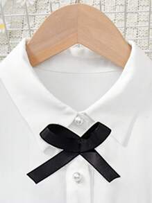 女童简约优雅甜美白色纯色蕾丝拼布衬衫 - 白色 - 查看 4