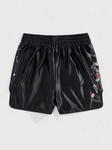 ROMWE MEN Anime Men's Summer Casual Chinese Dragon & Floral Print Elastic Waist Shorts - Black - View 2