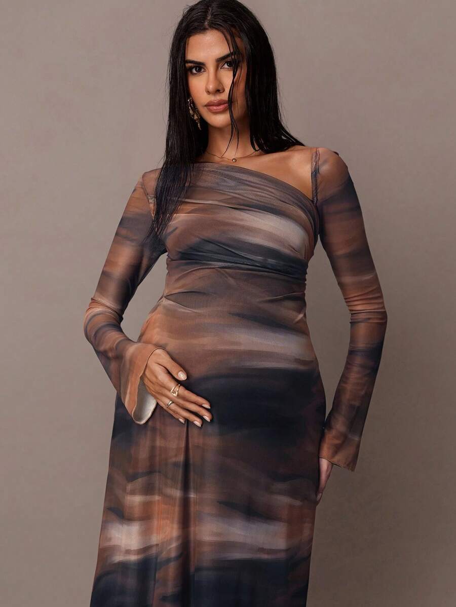 MaterniChic Brown Autumn Elegant Night Out Club Maternity Dress, Tie Dye Chiffon Pleated Asymmetrical Shoulder Long Sleeve Slim Fit Date Party Clothes - Brown - View 1