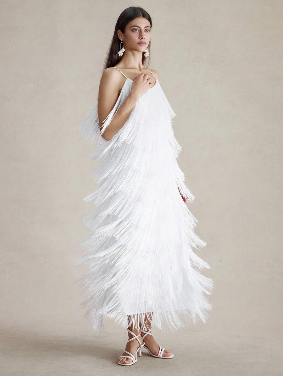 Briarwyn 女式无袖纯色层叠流苏长裙，优雅夏季时尚秋季女装老款服装全白派对服装女士约会夜服装女士度假服装女士俱乐部服装女士性感
