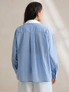 Anewsta Blusa de manga larga a rayas con parches de encaje 2 en 1 para mujer - Azul - Ver 2