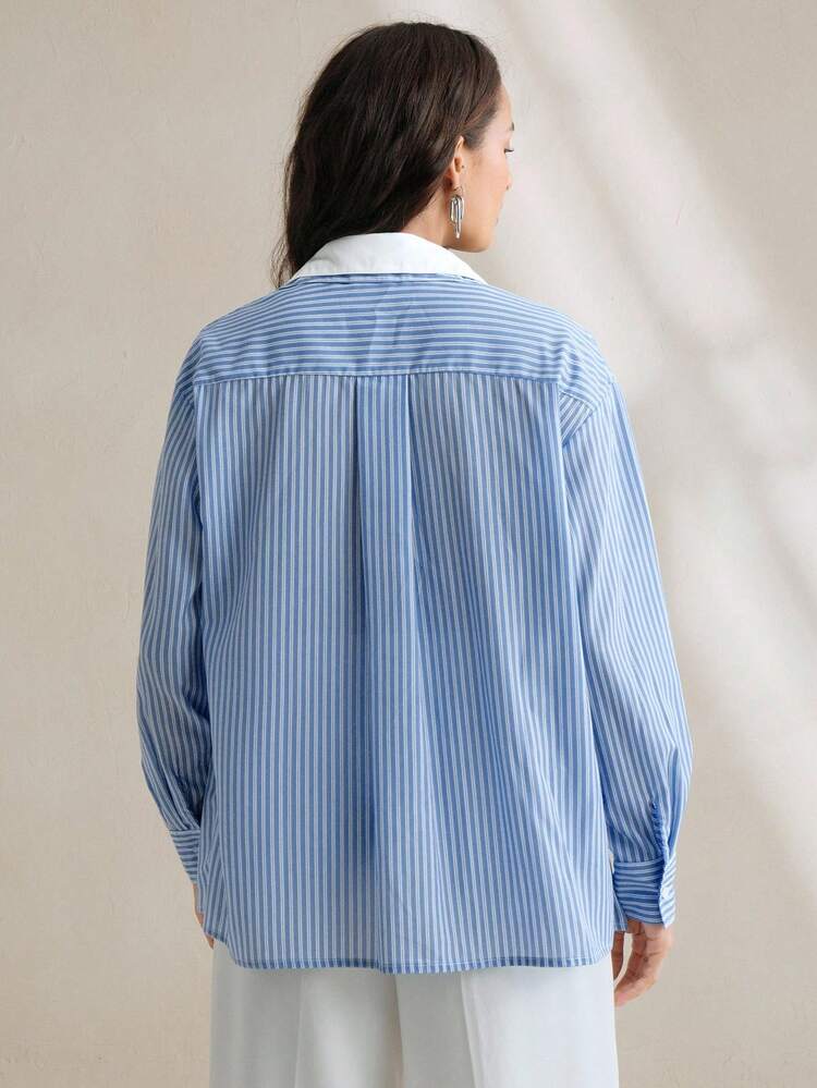 Women's 2 In 1 Lace Patchwork Striped Long Sleeve Blouse