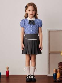 PrepCrw Conjunto de Blusa de Manga Curta com Gola Contraste e Saia Plissada Mini de Estilo Preppy para Jovens Garotas - Multicolorido - Visão 3