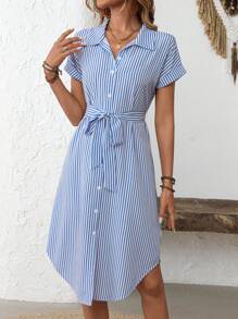 EMERY ROSE Women Striped Batwing Sleeve Casual Midi Shirt Dress