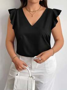 Firerie Plus Summer Simple Solid Ruffle Trim Blouse Spring - Black - View 4