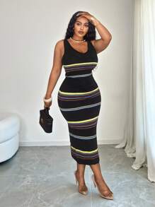Slaydiva Damen Große Größen Sommer gestreiftes ärmelloses Top und Rock 2-teiliges Set, Große Größen körperbetontes Midi-Kleid, Große Größen gestreiftes Midi-Kleid, Kurvenreiches Midi-Kleid, Große Größen Sommerkleid, Große Größen Kleid für Kurven - Schwarz - Übersicht 2