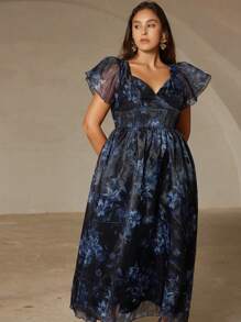 Aveloria 蓝色夏季优雅女士长裙，随机精致法式甜心领口欧根纱渐变色花卉印花透明泡泡袖 A 字型束腰加大码 - 彩色 - 查看 4