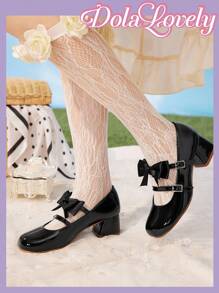 Dola Lovely Women's Bowknot Round Toe Mary Jane Shoes, Shallow Buckle Thick Heel High Heels, Fashionable Versatile White Shoes