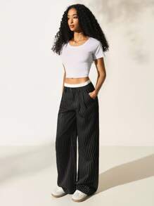 SHEIN EZwear Ladies' Casual Striped Wide-Leg Colorblock High Waist Suit Pants In Fall/Winter - Black and White - View 4
