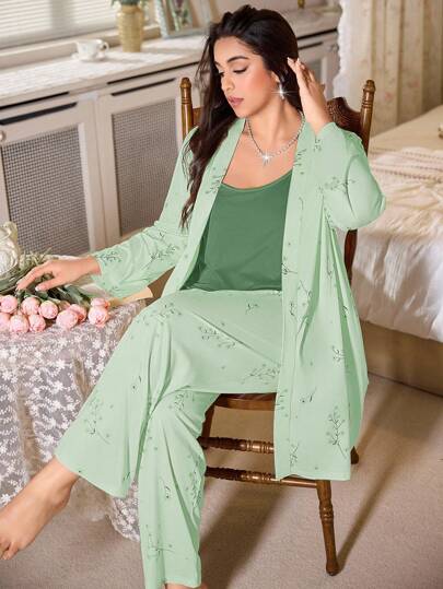 CottageSlumber Elegant Plus Size Knitted Fabric Solid Cami Top & Pants & Robe Set, Fall Winter Clothes