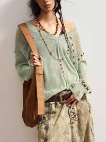 Bohemela 复古镂空刺绣落肩宽松针织毛衣西部复古乡村风度假夏/秋季绿色毛衣针织上衣毛衣上衣针织毛衣夏季毛衣秋季上衣 - 綠色 - 查看 6