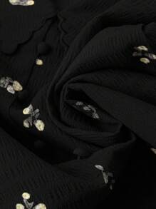 Mulvari Plus Size Casual Ditsy Floral Puff Sleeve Shirt - Black - View 3