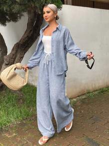 DAZY 2pcs Women Casual Solid Drop Shoulder Long Sleeve Shirt And Pants Set Lounge Sets For Women Vacation Outfits Women - Blue - View 4