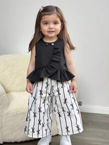 SHEIN Playful Pals 女宝宝蝴蝶结黑白花卉印花时尚优雅套装，韩版风格