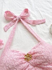 Soleia 女士度假花卉纹理针织 V 领花卉金属纽扣修身吊带背心，适合约会、下午茶、海滩、游轮、城市旅行、音乐节、派对、波西米亚风的休闲装 - 淺粉色 - 查看 4