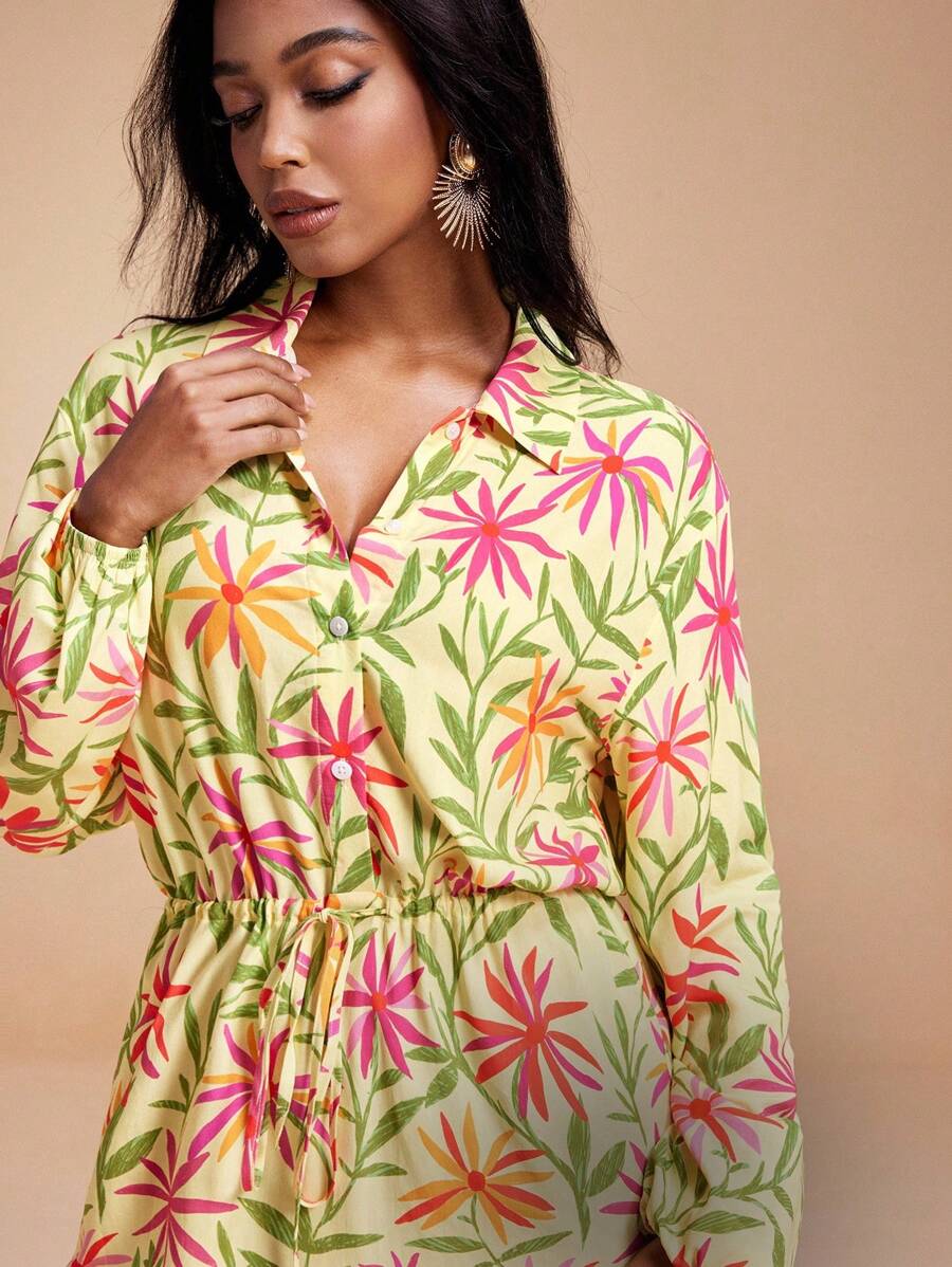 Miriam Omar Light Yellow Summer Floral Printed Viscose Pullover Mini Dress With Button Tie Lantern Sleeve - Multicolor - View 1