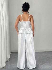 Elenzga 加大码织造面料优雅淑女风露肩条纹吊带短款上衣和高腰宽松阔腿裤两件套度假套装，夏季 - 白色 - 查看 2