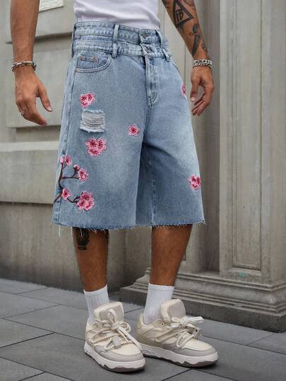 ROMWE MEN Street Life Quần short denim thêu hoa cạp 2 lớp cho nam