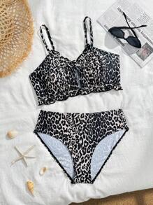 2pcs Teen Girls Fashionable Leopard Print Minimalist Bikini Set - Multicolor - View 5